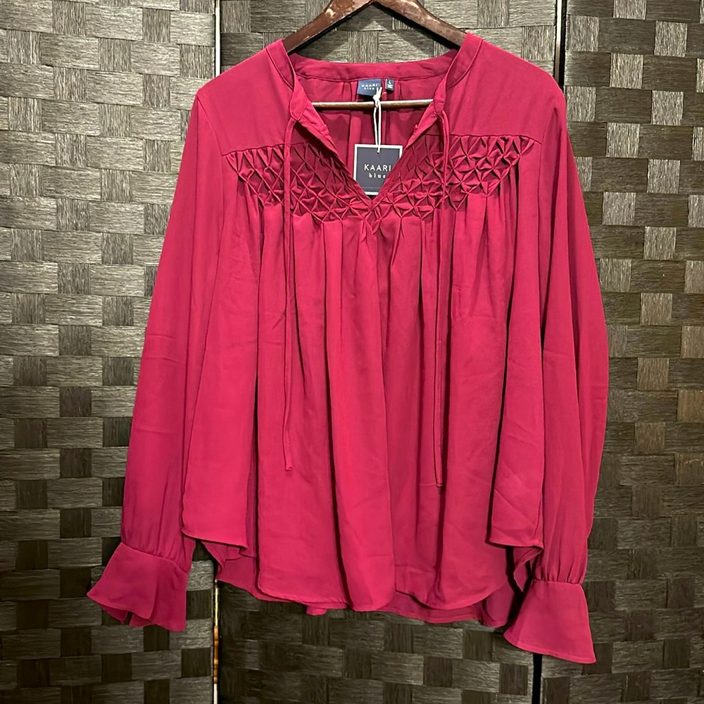 NWT! Women’s SZ L KAARI blue burgundy blouse.